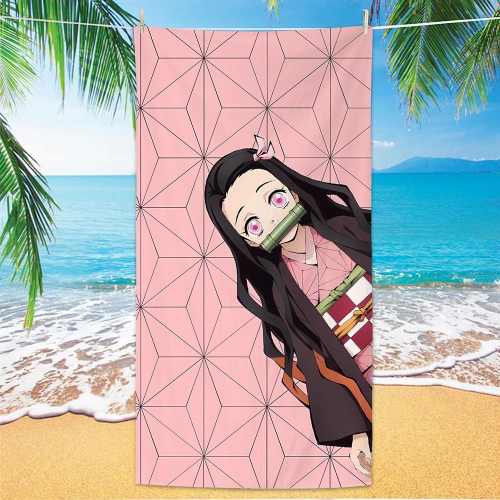 3D printed soft absorbent towel, D-Demon Slayer anime quick-dry beach towel swimming towel, outdoor travel gift