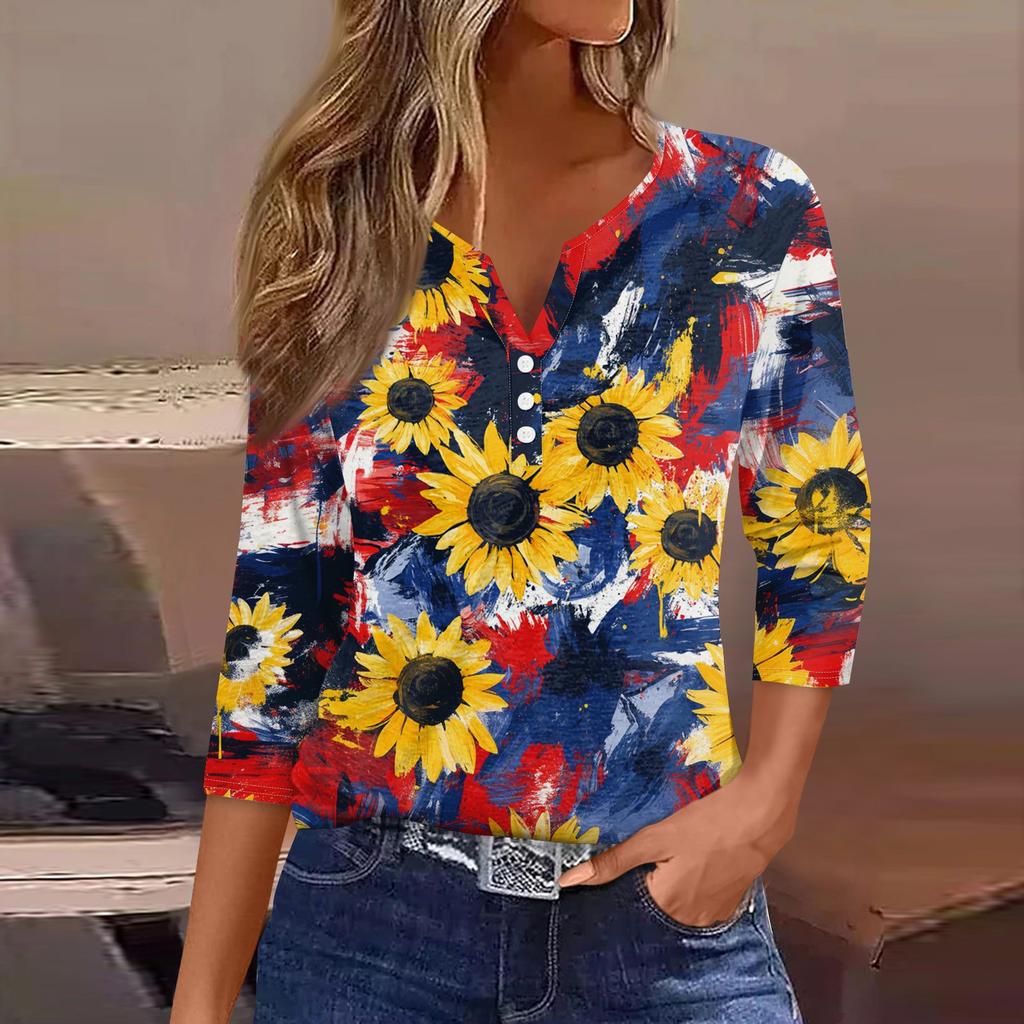 Women's T Shirt Tee Print Button 3/4 SleeveDaily Weekend Fashion Basic V- Neck Regular Top