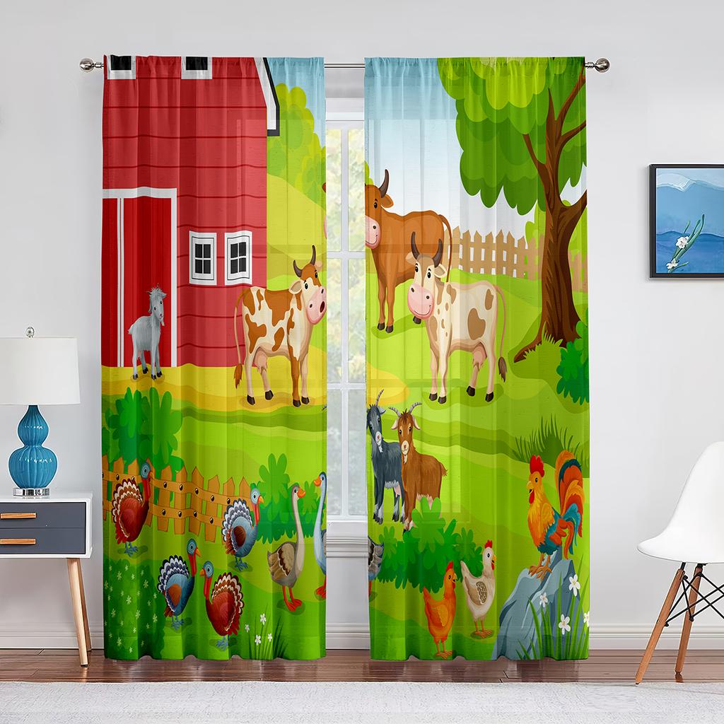 Cartoon Farm Animals Sheer Voile Curtain Cute Sheep Cow Pig In Rural Ranch Window Tulle Curtains for Living Room Bedroom Kitchen