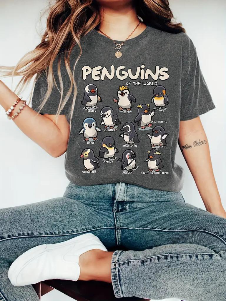 Polyester 100% European and American Penguin Print Round-neck Short-sleeved Women's Top Fashionable Base Layer Aesthetic Clothes