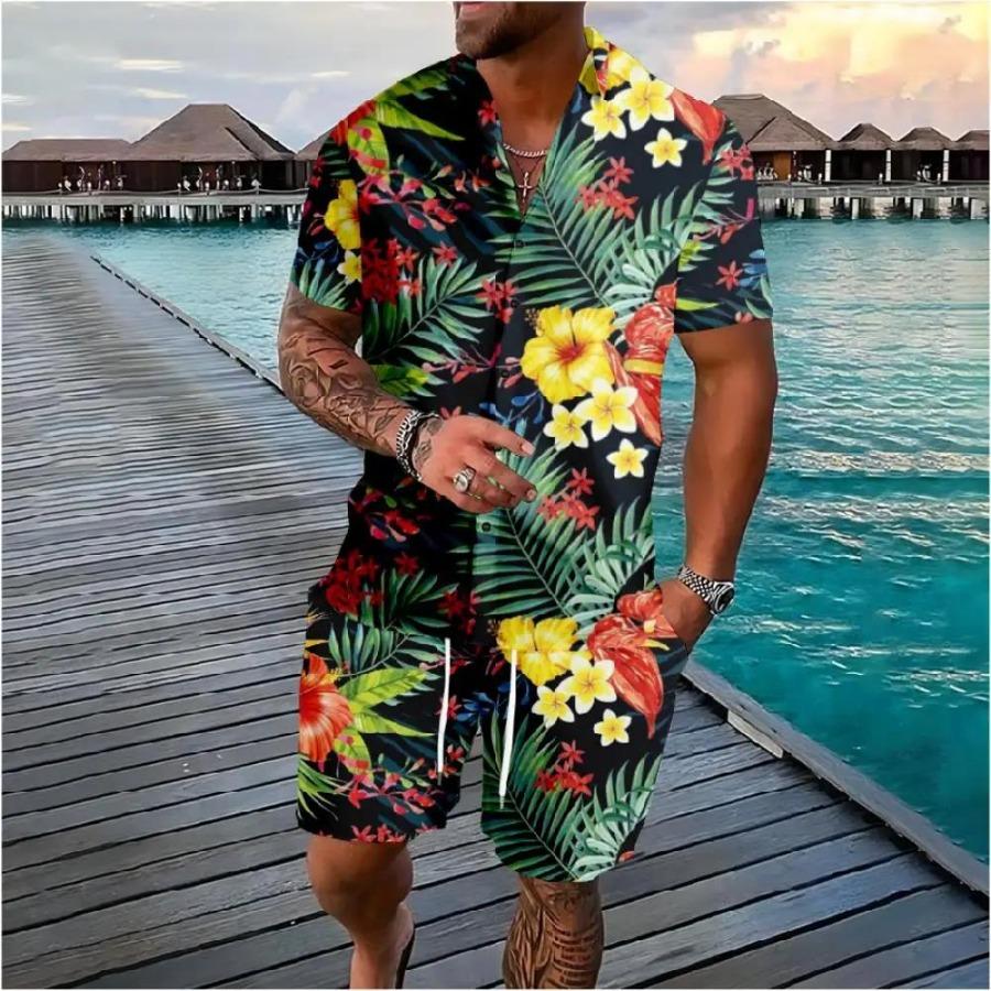 Fashionable Summer Floral 3D Print Men's Set Short-Sleeve Shirt Loose Casual Beach Shorts