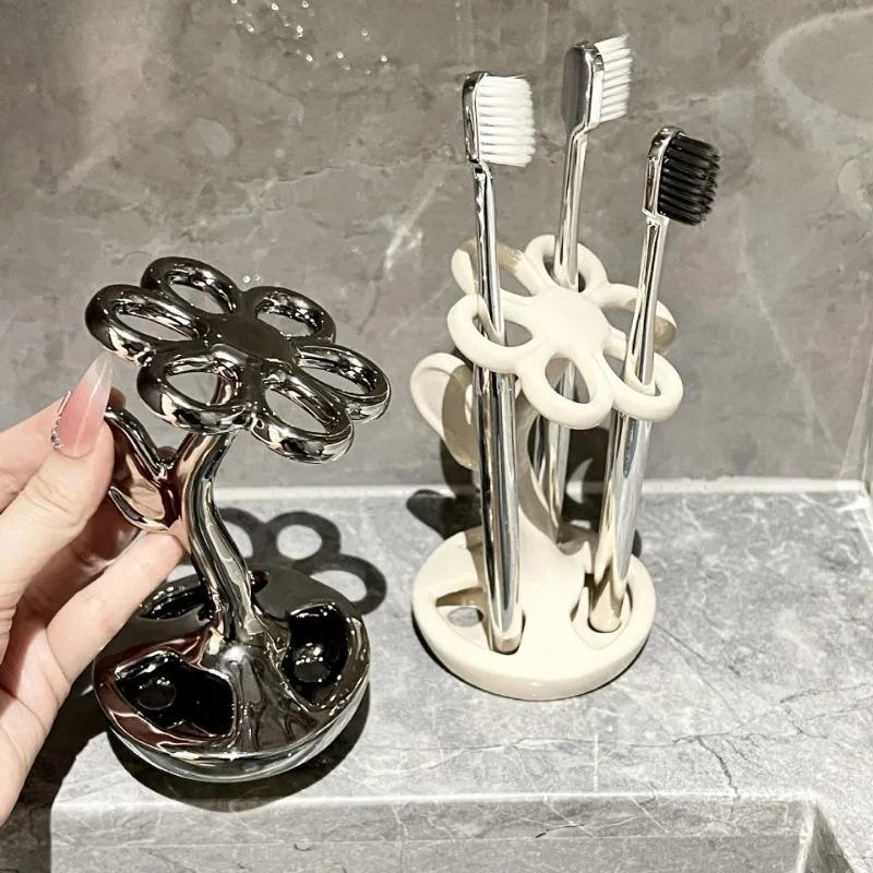 Porte-brosse à dents en forme de fleur Brosse à dents Dentifrice Organisateur de salle de bain Support pour pinceaux de maquillage Accessoires de salle de bain Outil de beauté Cadeau