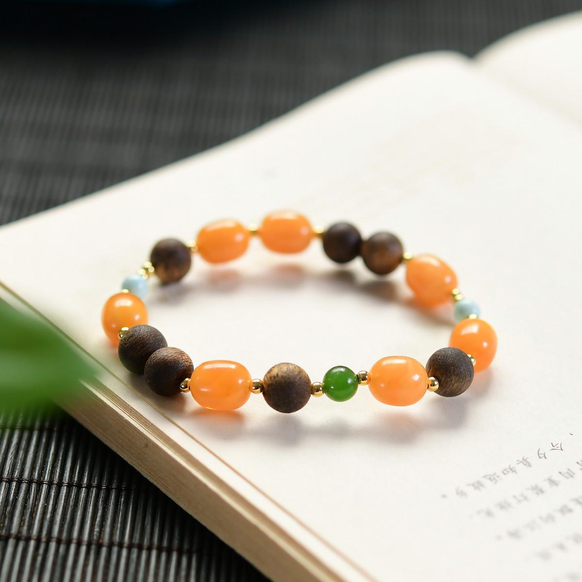 Natural Agarwood Amber & Turquoise Beaded Bracelet with Hetian Jade & Jasper Amber