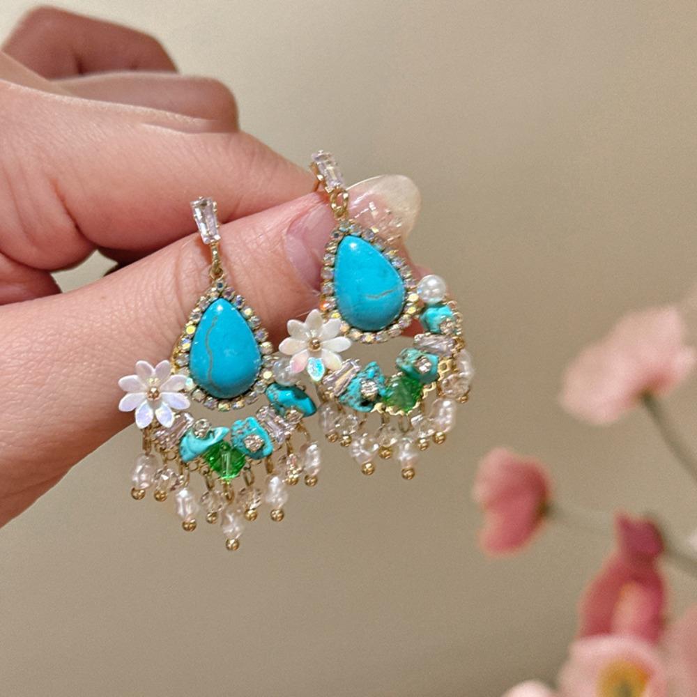 Turquoise Ethnic Style Tassel Earrings Pearl Flower Shape Earrings Pendant Women