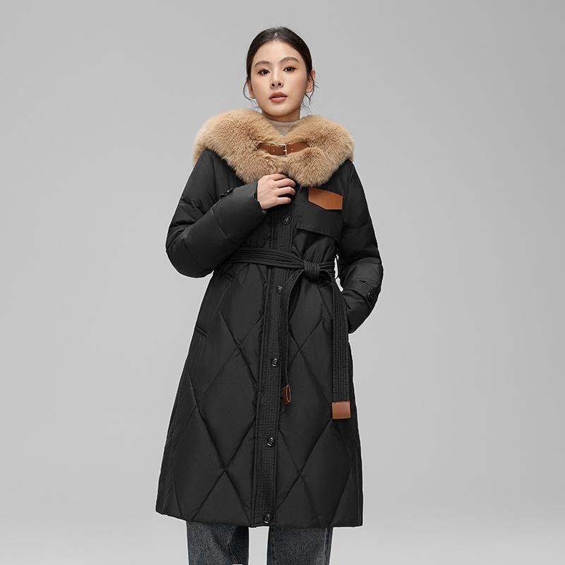 Winter Down Jacket for Women Long Style Large Fur Collar Slim Waist White Duck Down Jacket