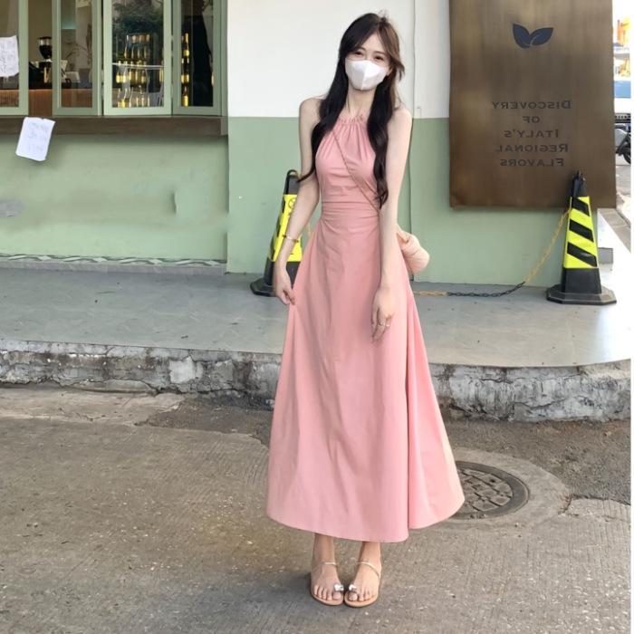 

Pure desire style Hepburn waist first love neck waist dress women s summer temperament age-reducing chic long skirt S розовый