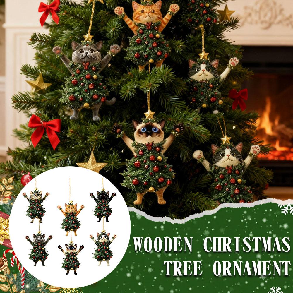 6/12/24 Stück Weihnachtskatze Holzornamente - 2D Flach Niedliches Festliches Katzenmuster Aufhänger Leichte Feiertagsdekoration Für Weihnachten