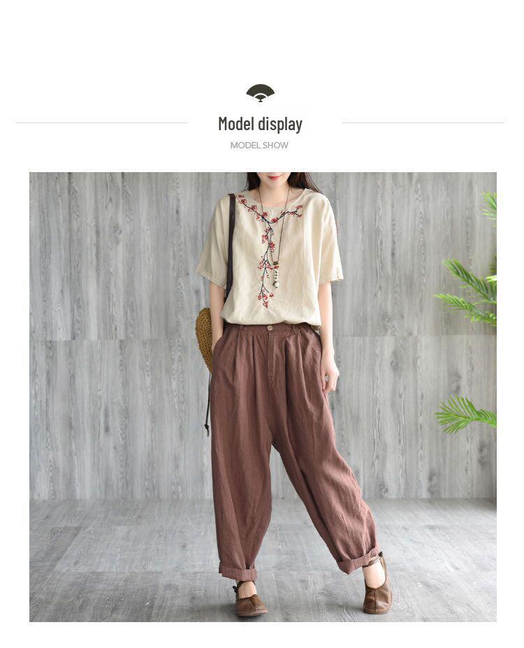 Damen Retro Floral Besticktes Baumwollleinen T-Shirt - Kurzarm, Rundhalsausschnitt, Vielseitiges Sommeroberteil