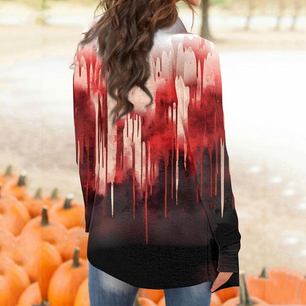 Dámský kardigan s dlouhým rukávem a halloweenským potiskem, potištěný top, lehká bunda