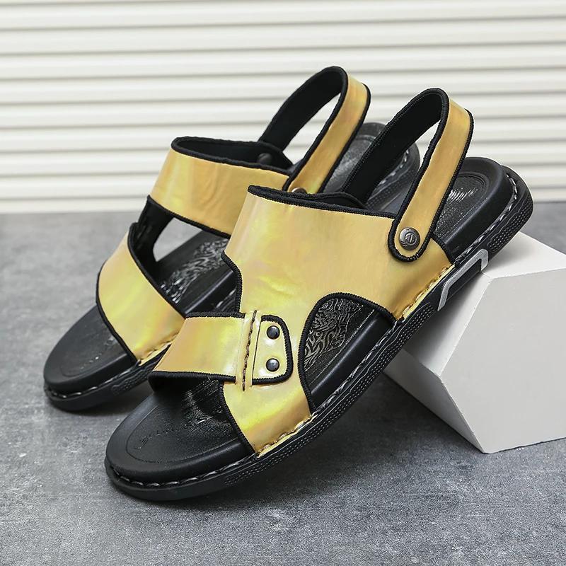 Summer New Style Sandals Casual Men Shoes Slip-On Leather Soft Non-slip Beach Summer Sandals Slippers Flat Walking Shoes