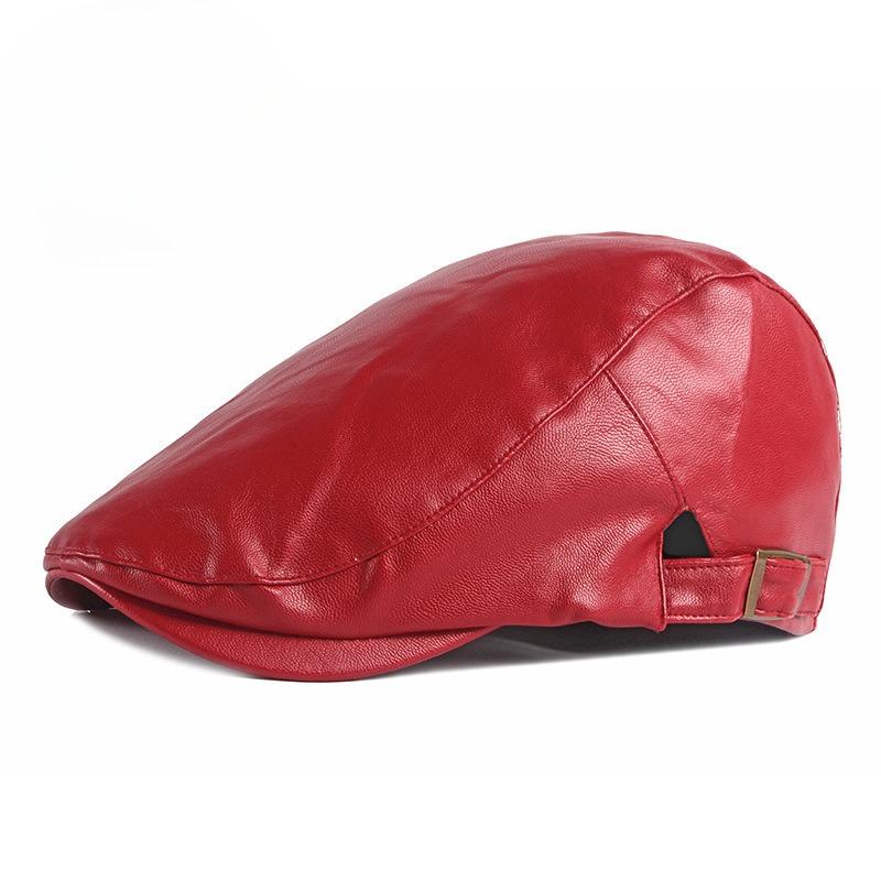 

Vintage PU Leather Flat Cap for Men Women British Style Beret Autumn Winter Warm Newsboy Cap Fashion Adjustable Duckbill Hat 56-60cm яскраво-червоного кольору