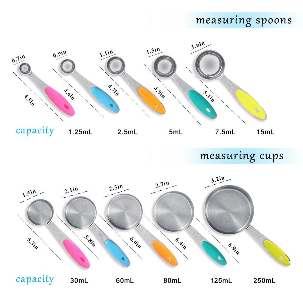 Stainless Steel Measuring Cup and Spoon with Silicone Durable 10-Piece Set, Stackable, Handles, Tablespoons, Teaspoons, Heat-Resistant, Non-Slip,