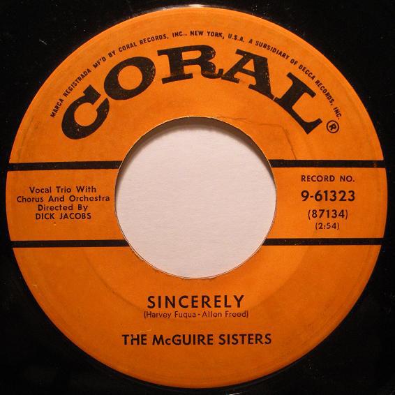 7inch Record MCGUIRE SISTERS - Sincerely 961323 Coral 1954 US Pop Used