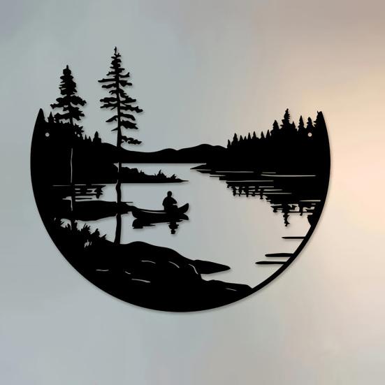 Rust Resistant Yard Decorations Round Nature Scene Iron Wall Art, Forest Lake Boating Metal Decor, Living Room Hanging Art Rustic Background Ornament