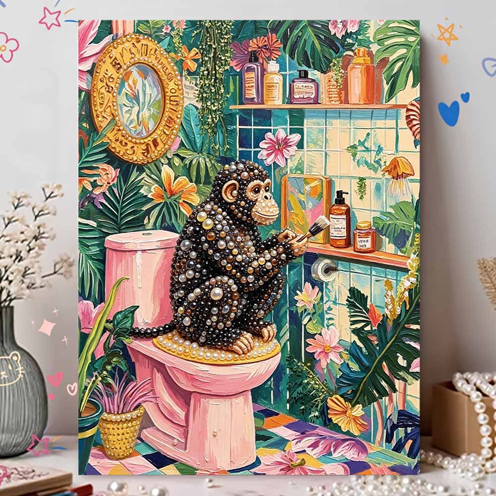 Elegant Framed Pearl Art DIY Set with Tropical Monkey Bathroom Design 5D Sparkling Bead Canvas Painting Ready to Display Romantic Home Decor Gift