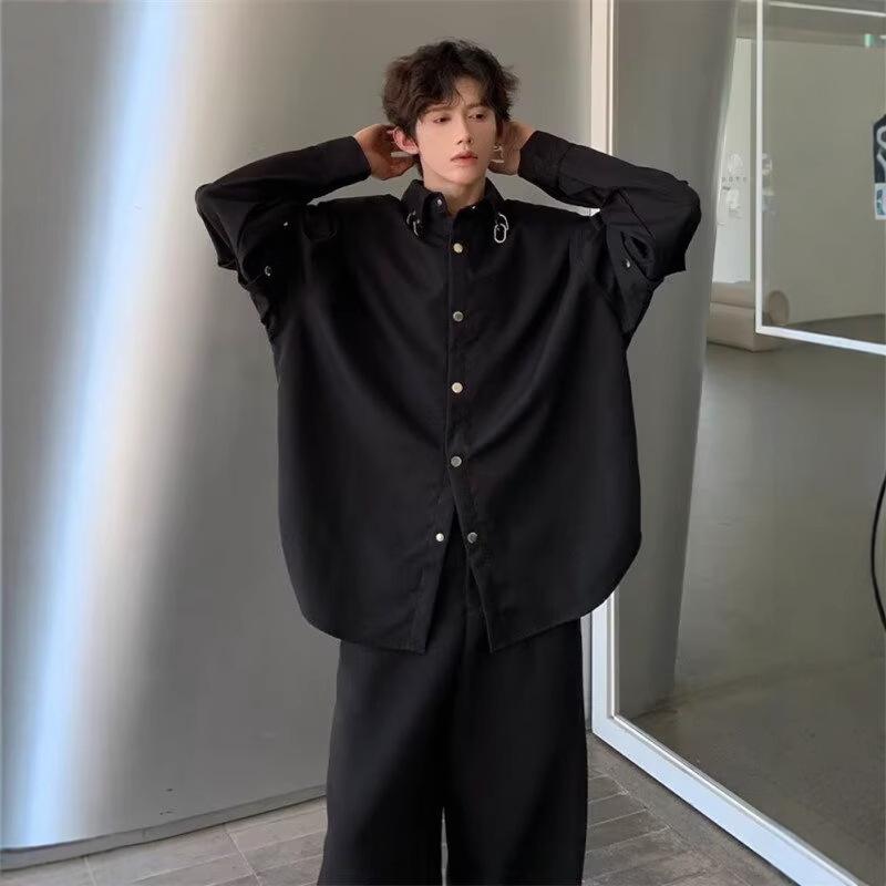 Men's Trendy Black Padded Shoulder Detachable Long Sleeve Shirt - Stylish, Rebellious Streetwear for Hairstylists.
