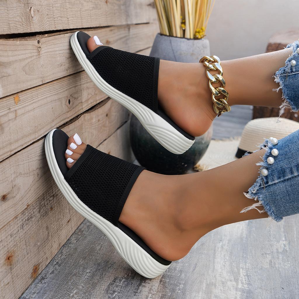 Flat Bottom Slippers Women Summer Round Head Mesh One Word Outer Wear Breathable Casual Sandal Slippers