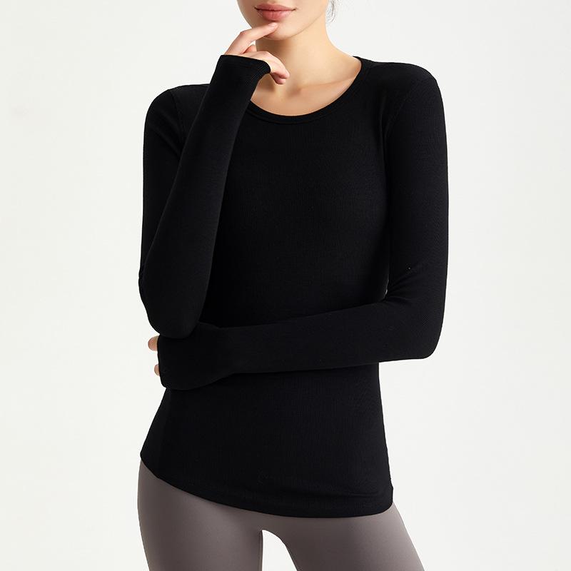 

Women s Knit Ribbed Long Sleeve Slim Fit Yoga Top - CD Round Neck Fitness Wear for Autumn Medium