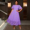 Plus Size Dames Elegante Kant Midi Jurk, Ronde Hals Uitgesneden Taille Ingesnoerd Feest Cocktail Avondjurk