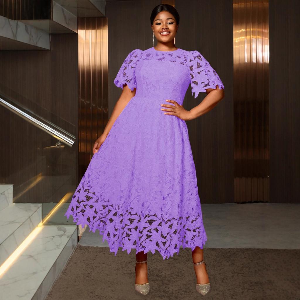 Plus Size Dames Elegante Kant Midi Jurk, Ronde Hals Uitgesneden Taille Ingesnoerd Feest Cocktail Avondjurk
