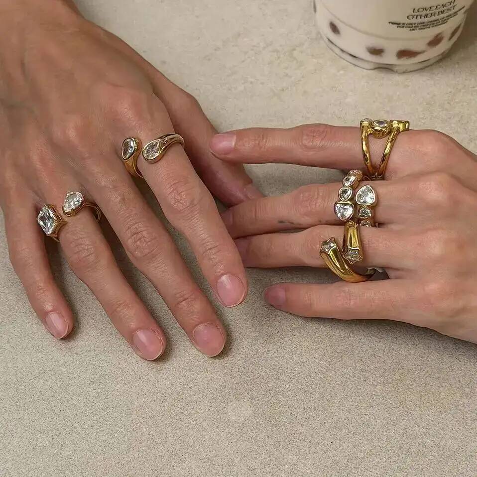 Salircon 5 Styles Exquisite Luxury Stainless Steel Zircon PVD18K Gold Color Plated Open Rings Women Fashion Jewelry Waterproof