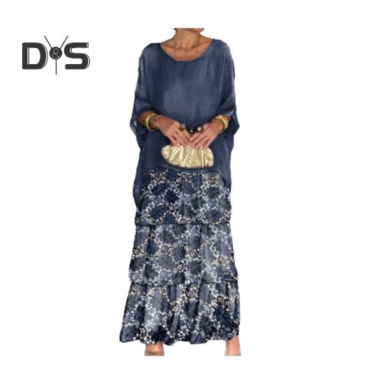 

Вечернее платье с многослойным подолом в виде торта, контрастным цветным принтом, короткими рукавами, макси-платьем, рукавами «летучая мышь», мешковатым круглым вырезом, шифоновым платьем для выпускного вечера 2XL темно-синий