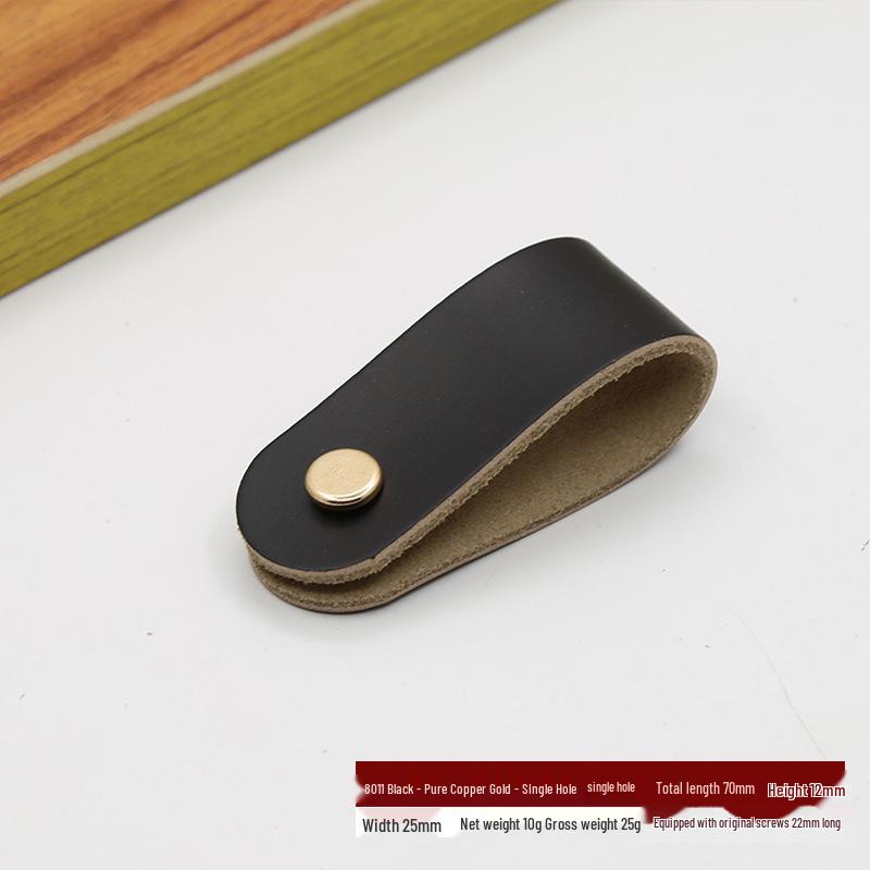 Leather Handle for Cabinet Door and Drawer - Single Hole, Pure Copper Accents