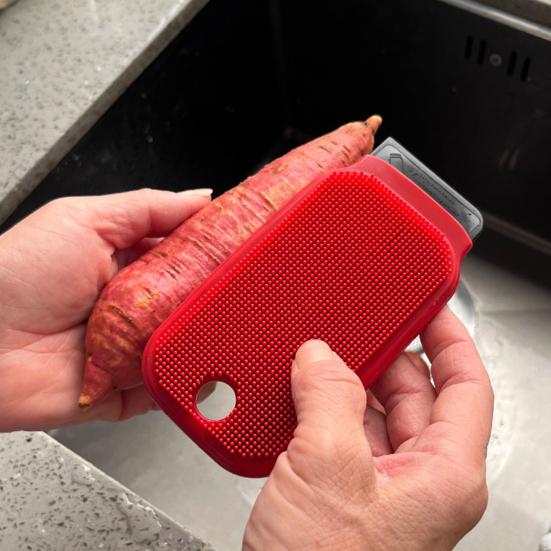 Yousheng Fruit Brush Multi Functional Double-Sided Silicone Kitchen Cleaning Brush with Hanging Loop Scrubber Integrated Scraper