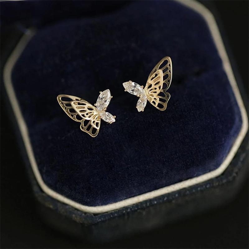Huitan Fresh Gold Color Butterfly Stud Earrings Women Fancy Matched Earrings with Dazzling CZ Stone Aesthetic Female Jewelry New