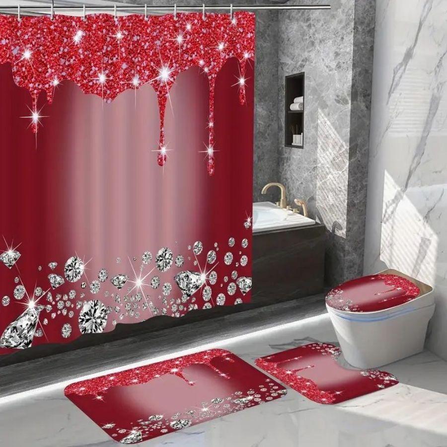 4Pcs Sparkling Diamond Shower Curtain Set, Shiny Bathroom Trim, Carpet And Toilet Seat,Burgundy Luxury Textured Colorful