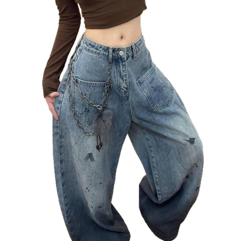 Mens Relaxed Fit Distressed Washed Denim Jeans High Waist Wide Leg Straight Cut Casual Streetwear