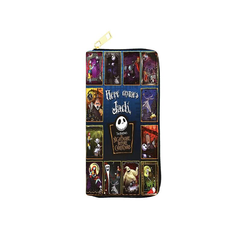Portefeuille Long à Fermeture Éclair en PU Nightmare Before Christmas pour Femmes Pochette Simple Fermeture Éclair Sac à Maquillage Impression Jack Skellington 3 pièces
