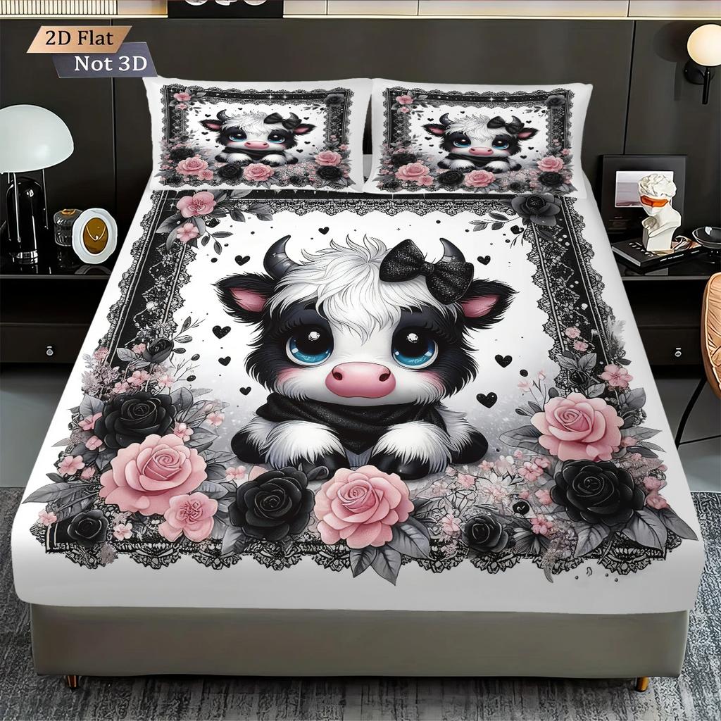 3 Valentine's Day Highland Cow Print Coreless Bed Sheet Set Multi Size Soft Bedcover Bedroom Bedding Decoration Machine Washable