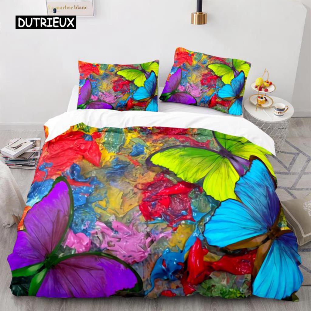 Butterfly Duvet Cover Set 3D Galaxy Purple Butterfly Floral Printed Bedding Set Fantasy Theme King Size Comforter Cover for Girl