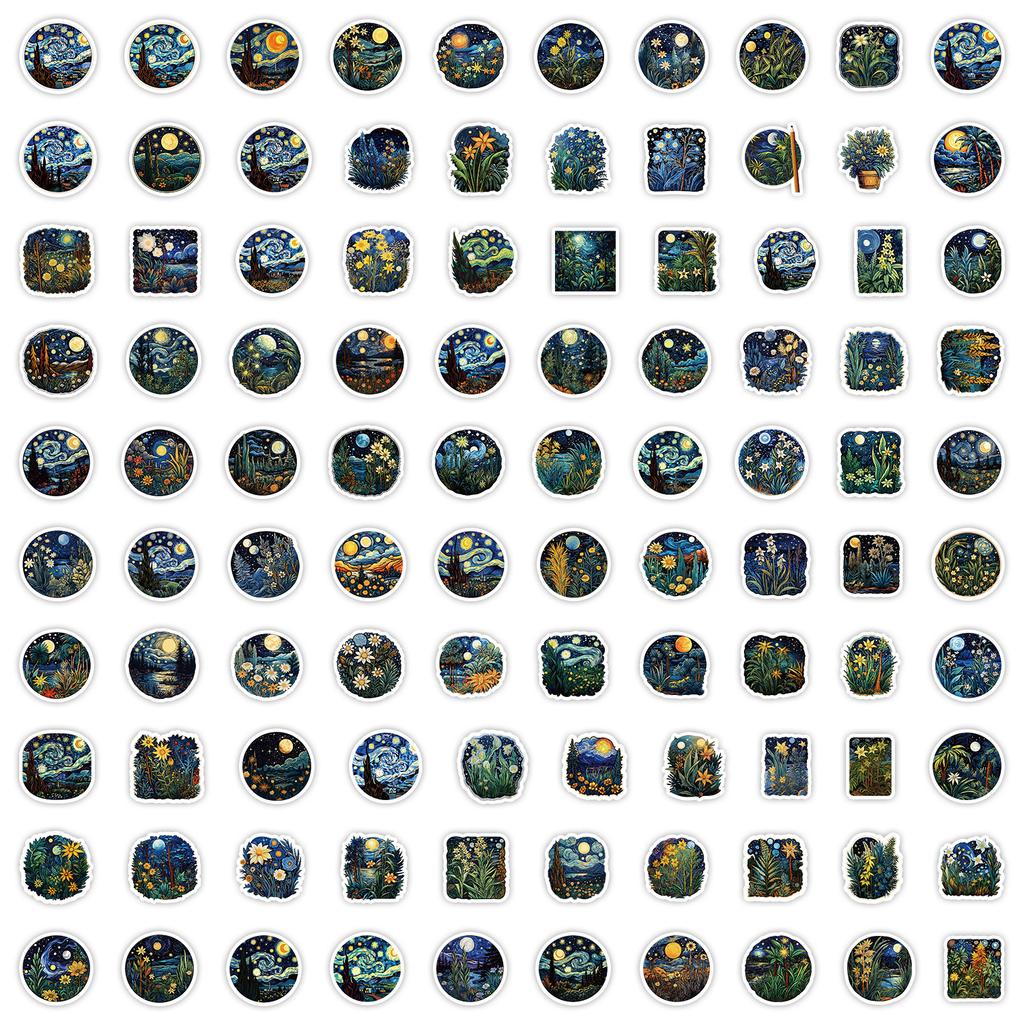 100 Van Gogh's Starry Sky Graffiti Stickers Car Mobile Phone Water Cup Decoration Stickers Waterproof Creative Suitcase Stickers