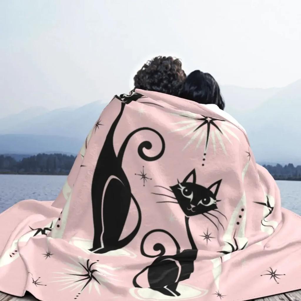 Cute Black Cat Blankets Soft Warm Flannel Mid Century Meow Retro Atomic Kitties Throw Blanket for Bedding Couch Bedspread, Gifts