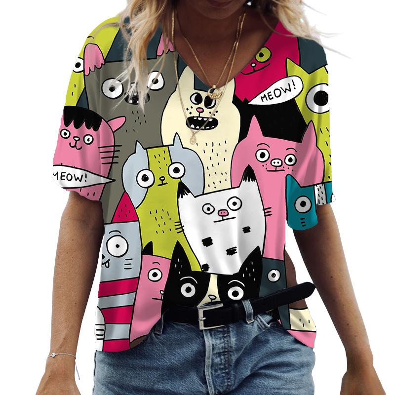 Women s Kawaii Cartoon Cat Print V-Neck Short-Sleeve Summer Casual T-Shirt S