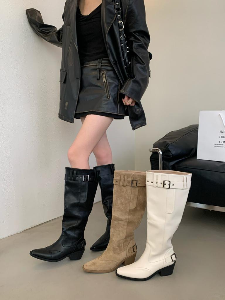 2025 Autumn and Winter New Knee Boots Women's Khaki Suede Pointed Boots Children Thick Heel Thin Pleated Piled Boots