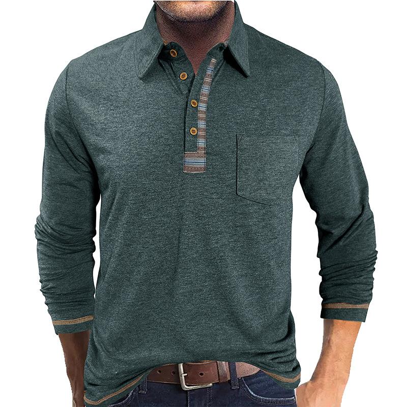 Men's Buttoned Lapel Colorful Cotton Long-sleeved POLO Shirt Casual Fashion Pocket Bottoming Top