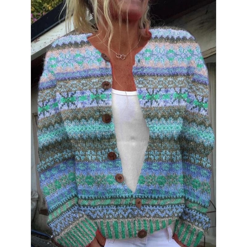Cardigan Tricot Femme Col Rond Boutonnage Simple Imprimé Floral Manches Longues Vêtement d'Extérieur Décontracté