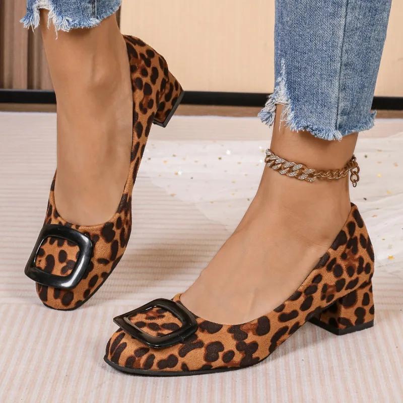 Women's Shoes 2024 Brand Slip-on Women's High Heels Fashion Leopard Print Office and Career Hot Sale Square Toe Heels Women