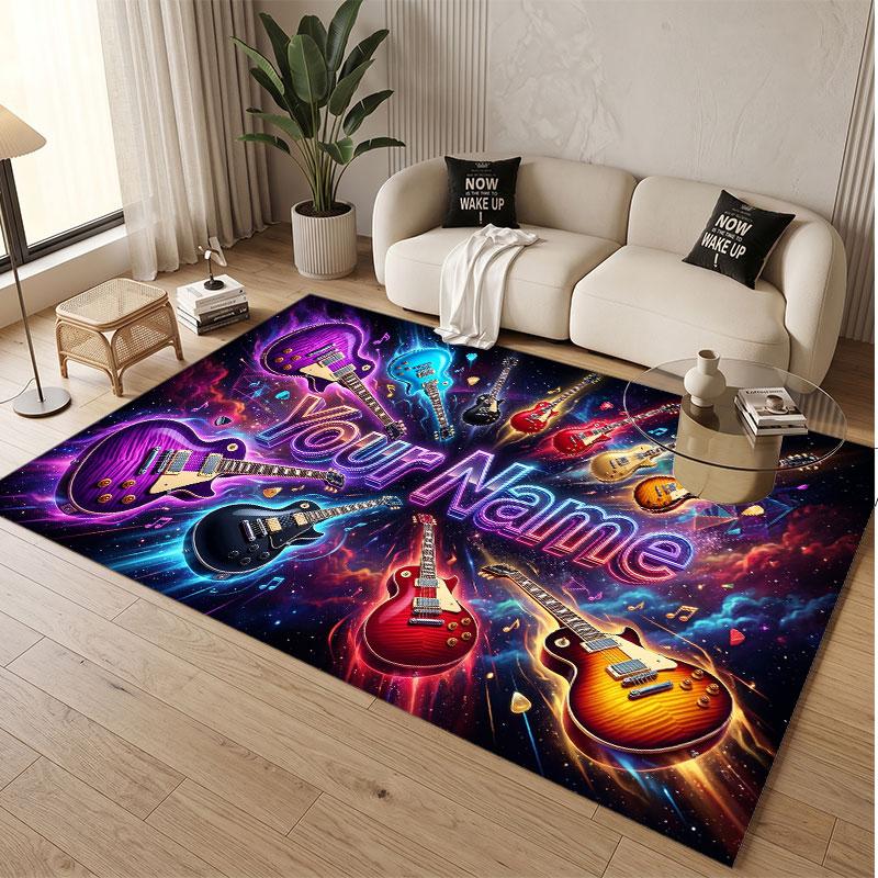 Music Guitar Theme Soft Crystal Velvet Rug Custom Name & Text Print Non Slip Floor Rug for Bedroom Living Room