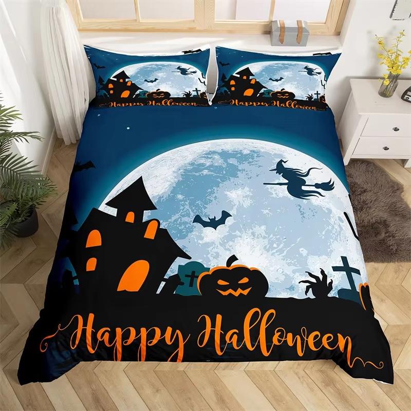 Kids Pumpkin Lantern Duvet Cover Set Twin King Halloween Bedding Set Microfiber Witch Mystery Graveyard Printt Comforter Cover