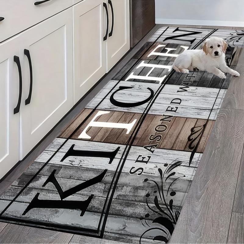 VIKAMA Retro Wood Grain Kitchen Rug American Country Style Entrance Door Mat Non-Slip Easy Clean Bedroom Carpet Home Decor
