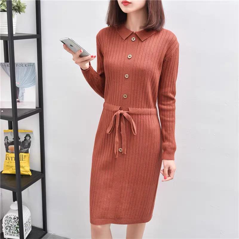 Abito a Maglia da Bambina Autunno e Inverno, Vita Stretta, Cravatta, Lunghezza Media, Colore Unito, Maniche Lunghe