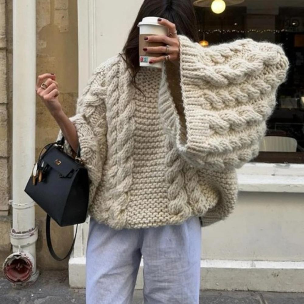 Oversize Knit Pullover Women Casual Lazy Round Neck Kink Solid Sweater Female 2024 Autumn Winter Loose Sleeves Knitwear Lady
