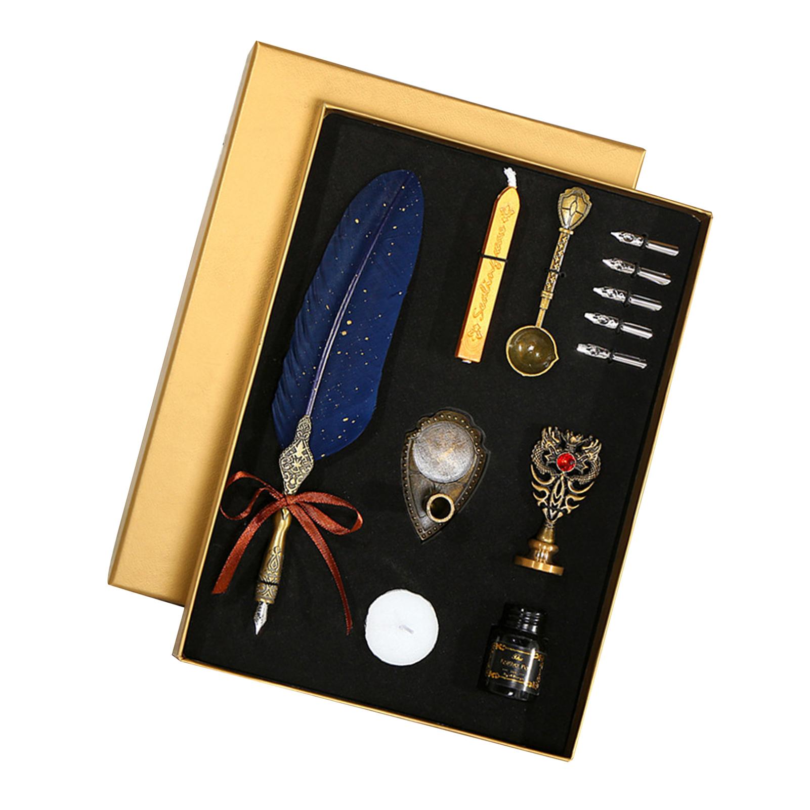 Vintage Pen en Inkt Set Glitterende Veerpen Vulpen Kalligrafie Dip Pen Schrijven Signeerpen Met Vervanging Navy Blue