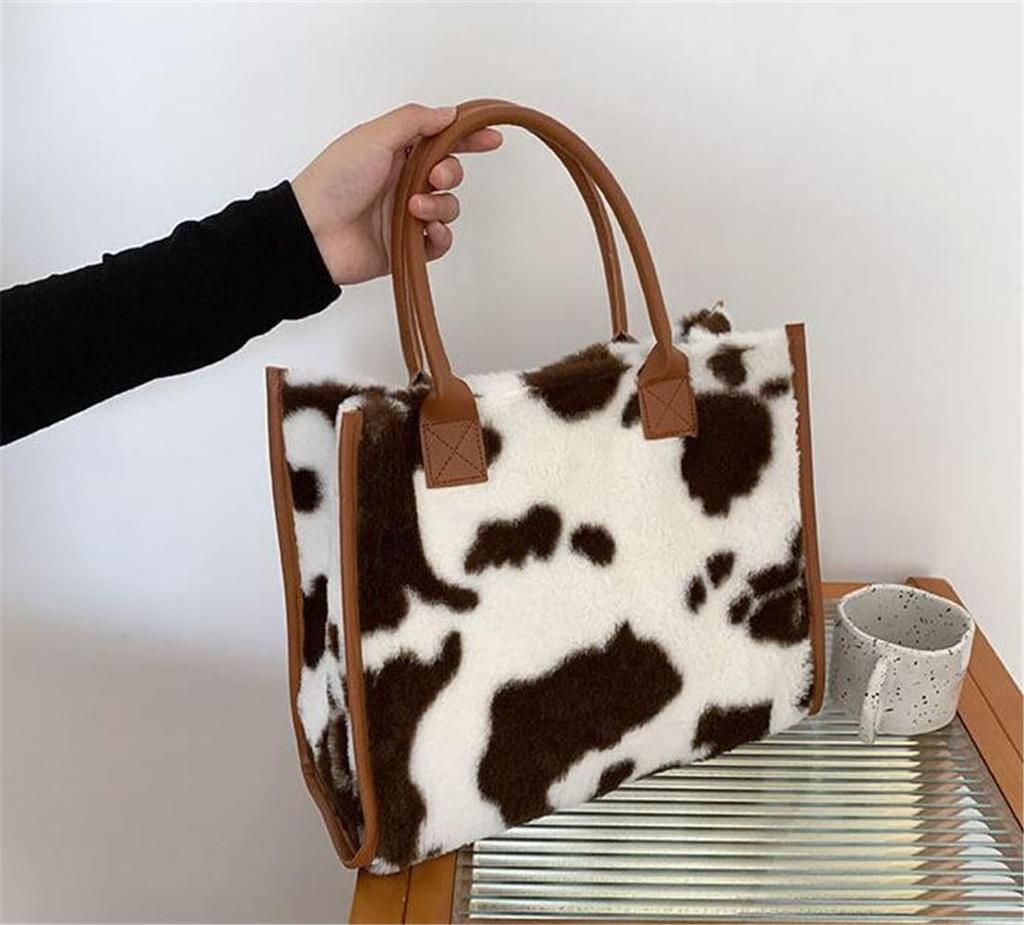Huimei Damen-Leopardenmuster-Tragetasche, Große Kapazität, Weiche und Flauschige Umhängetasche, Handtasche, Beliebt und Stilvoll für Herbst und Winter (B.)
