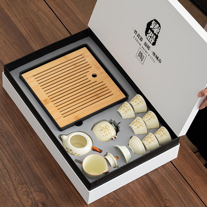 Suet jade Ru kiln white porcelain Kung Fu tea set Xishi pot tea cup travel tea set business gift box