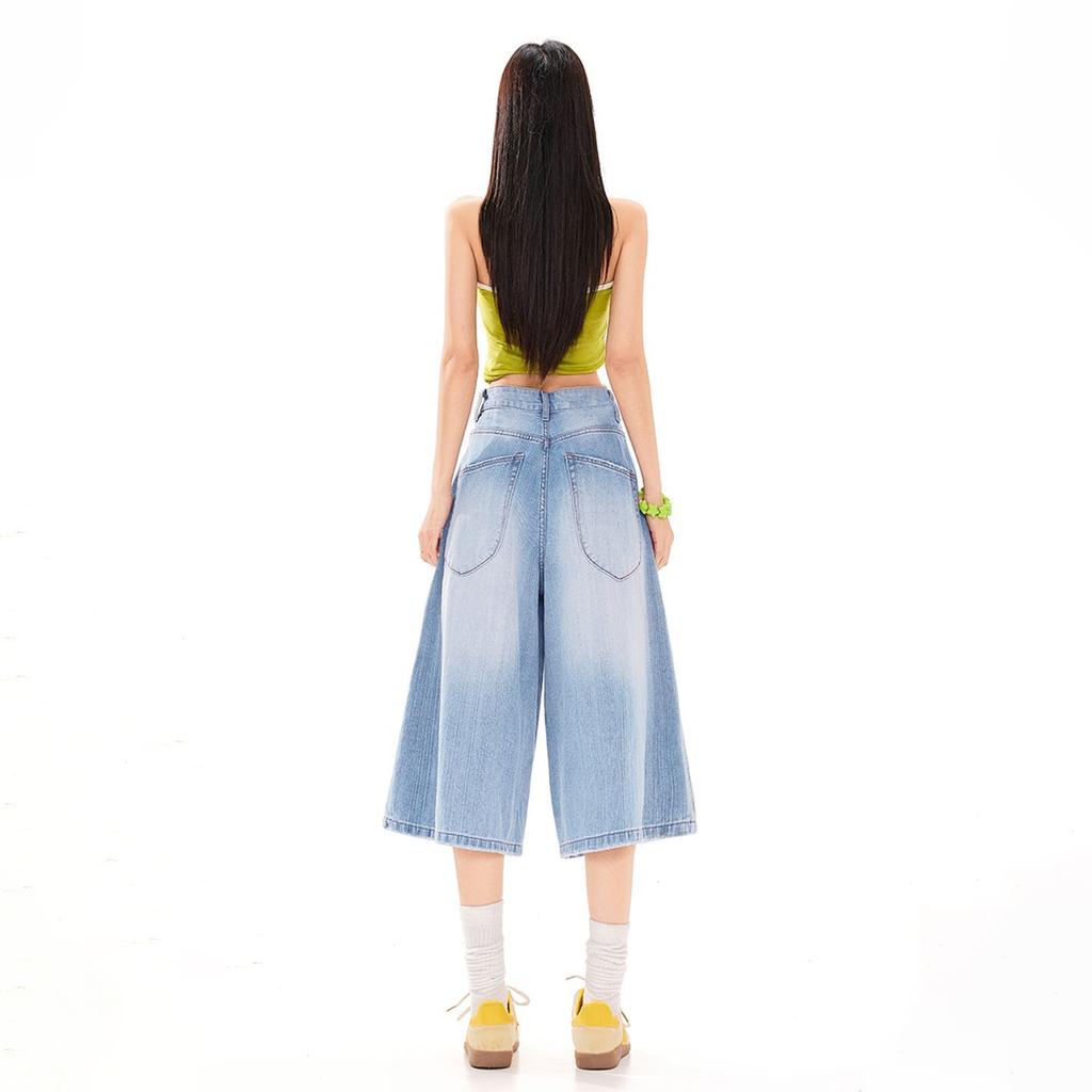 Fashion Summer Slub Fabric Wide Leg Cropped Capri Denim Pants For Women Trendy Versatile Loose Straight Slimming FigureFlattering Streetwear